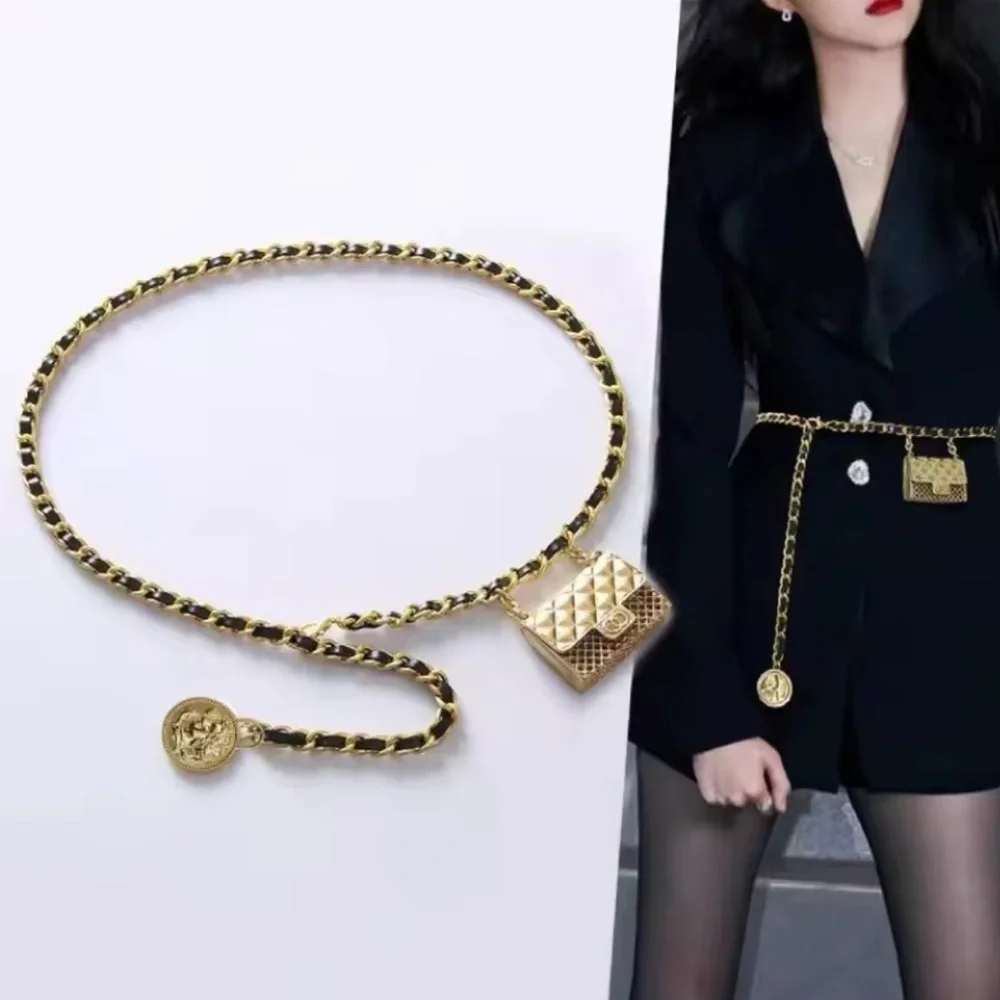 Anthropologie  Black Gold Chain Belt With Designer Mini Charm Bag